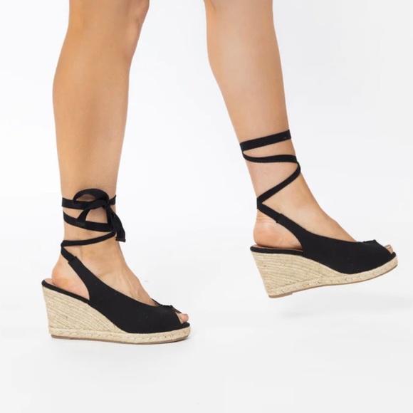 NWOT JUSTFAB BLCK LACE UP ESPADRILLE WEDGE HEELS OPEN TOE SIZE 9.5 - Picture 3 of 9